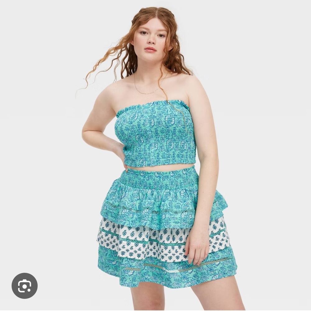 Roller Rabbit Turquoise Printed Tiered Ruffle Mini Skirt and top